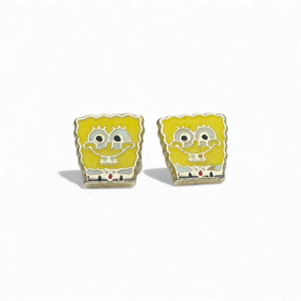 14K Yellow Gold Cartoon Square Stud Earrings Featuring Yellow and White Enamel