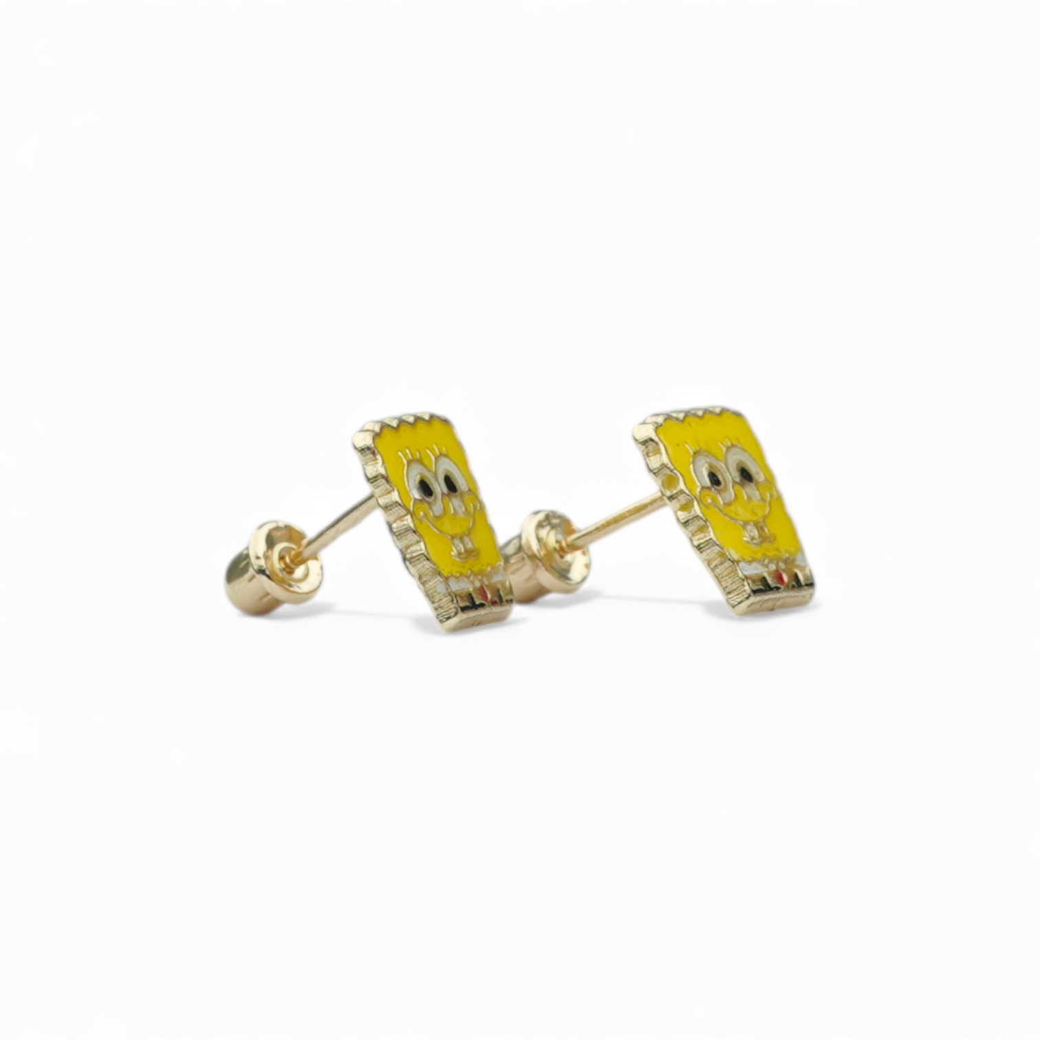 14K Yellow Gold Cartoon Square Stud Earrings Featuring Yellow and White Enamel