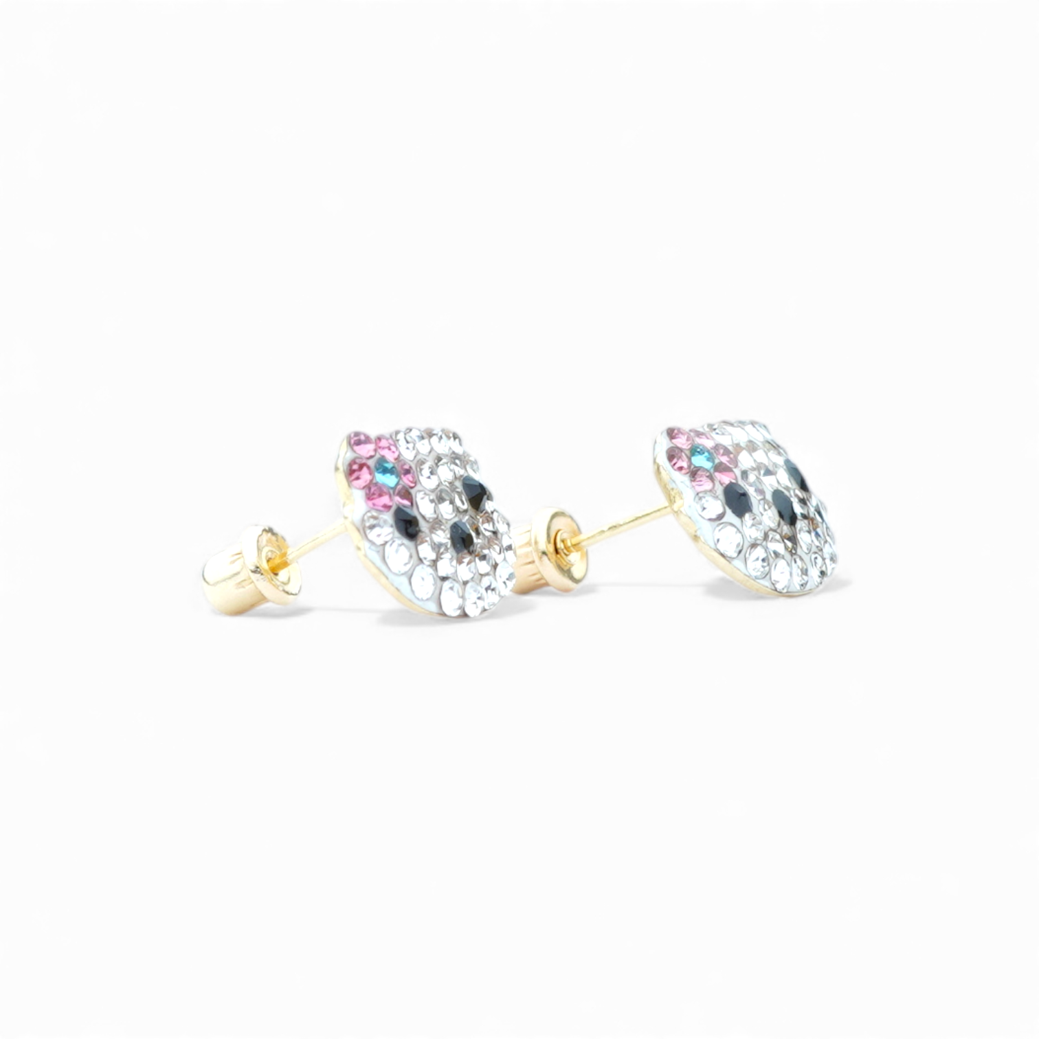 14K Yellow Gold Crystal-Pavé Cat Character Stud Earrings