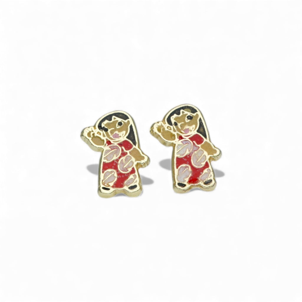 14K Gold Cartoon Stud Earrings Featuring a Charming Red and White Design