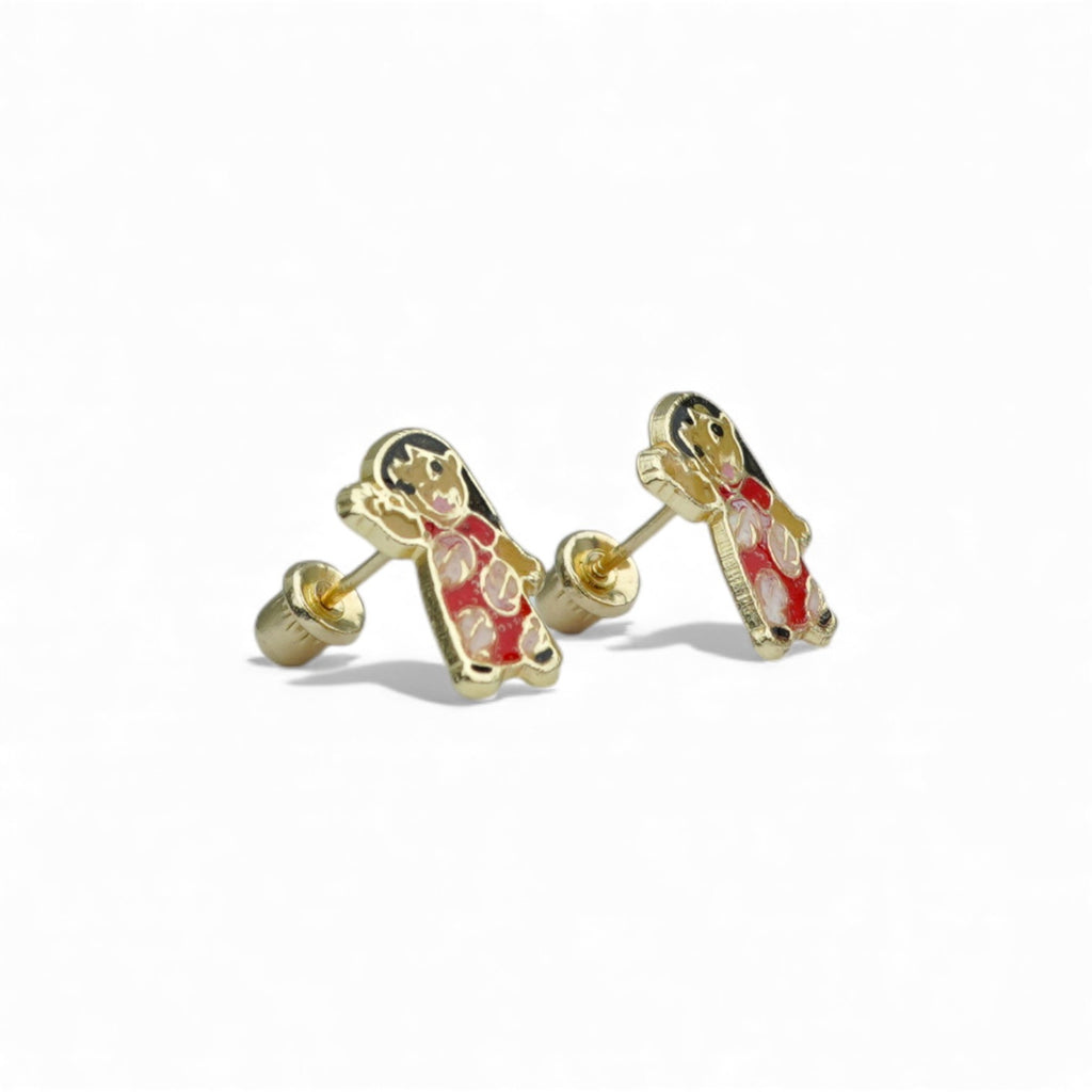 14K Gold Cartoon Stud Earrings Featuring a Charming Red and White Design