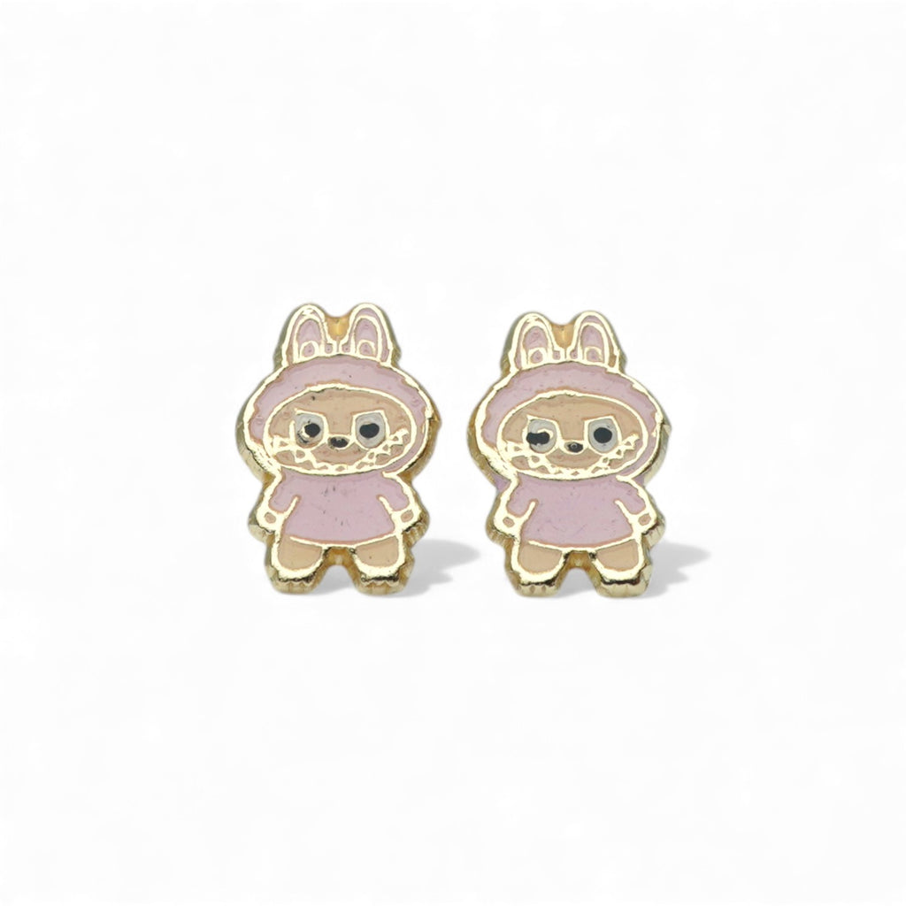 14K Yellow Gold Cartoon Character Stud Earrings with Pink Hooded Design