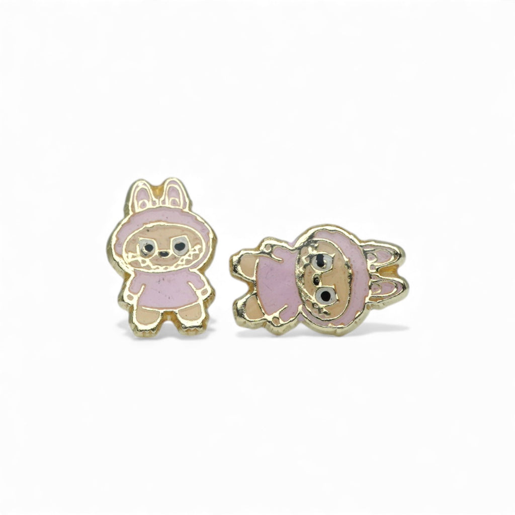14K Yellow Gold Cartoon Character Stud Earrings with Pink Hooded Design