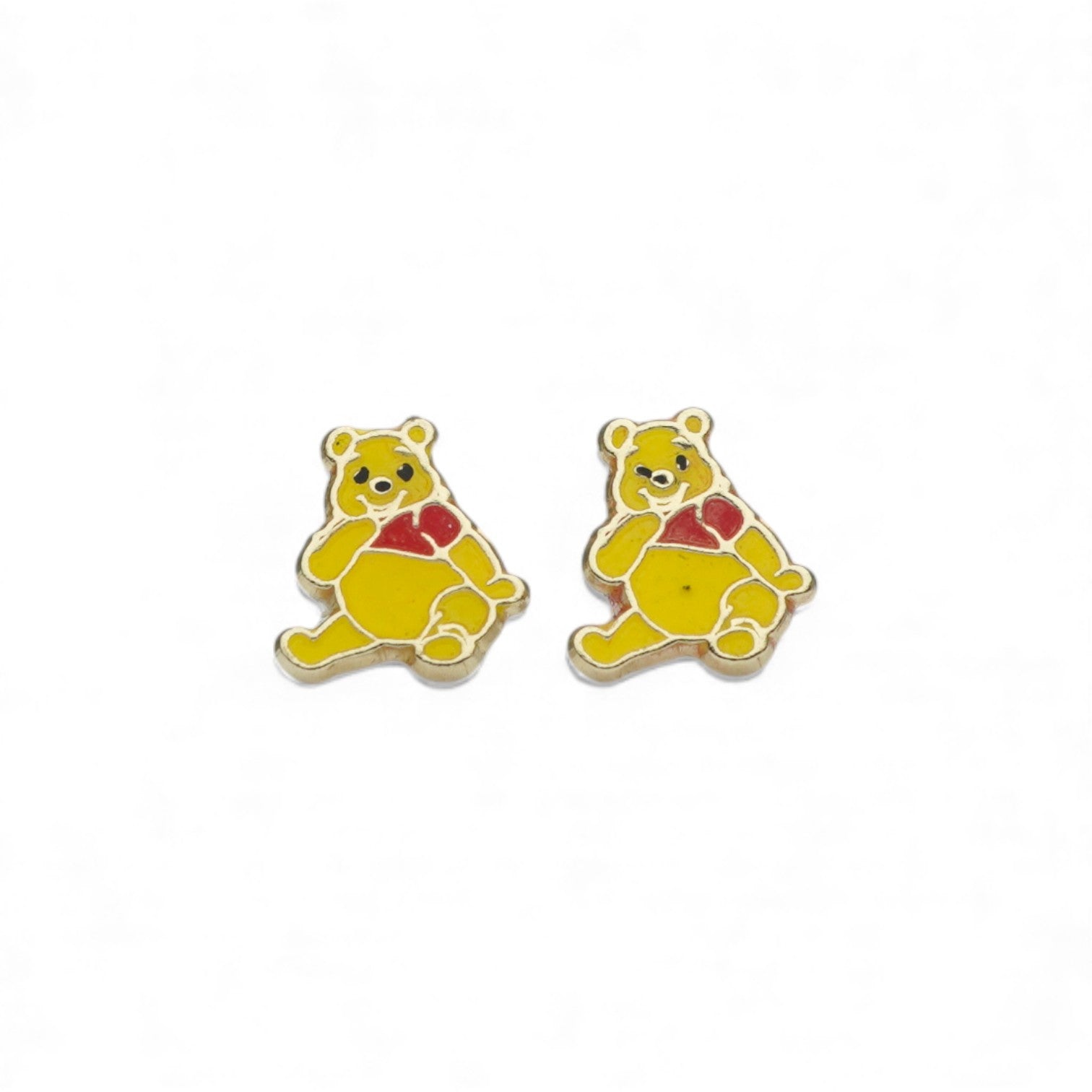14K Yellow Gold Cartoon Bear Stud Earrings Featuring Yellow and Red Enamel