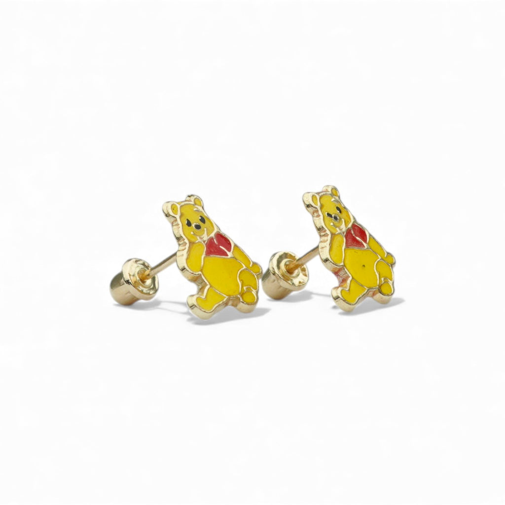14K Yellow Gold Cartoon Bear Stud Earrings Featuring Yellow and Red Enamel