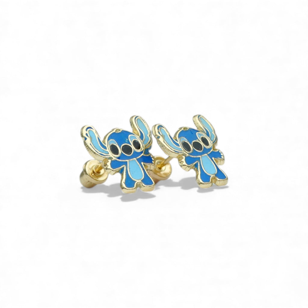 14K Gold Cartoon Stud Earrings Featuring a Charming Blue Design