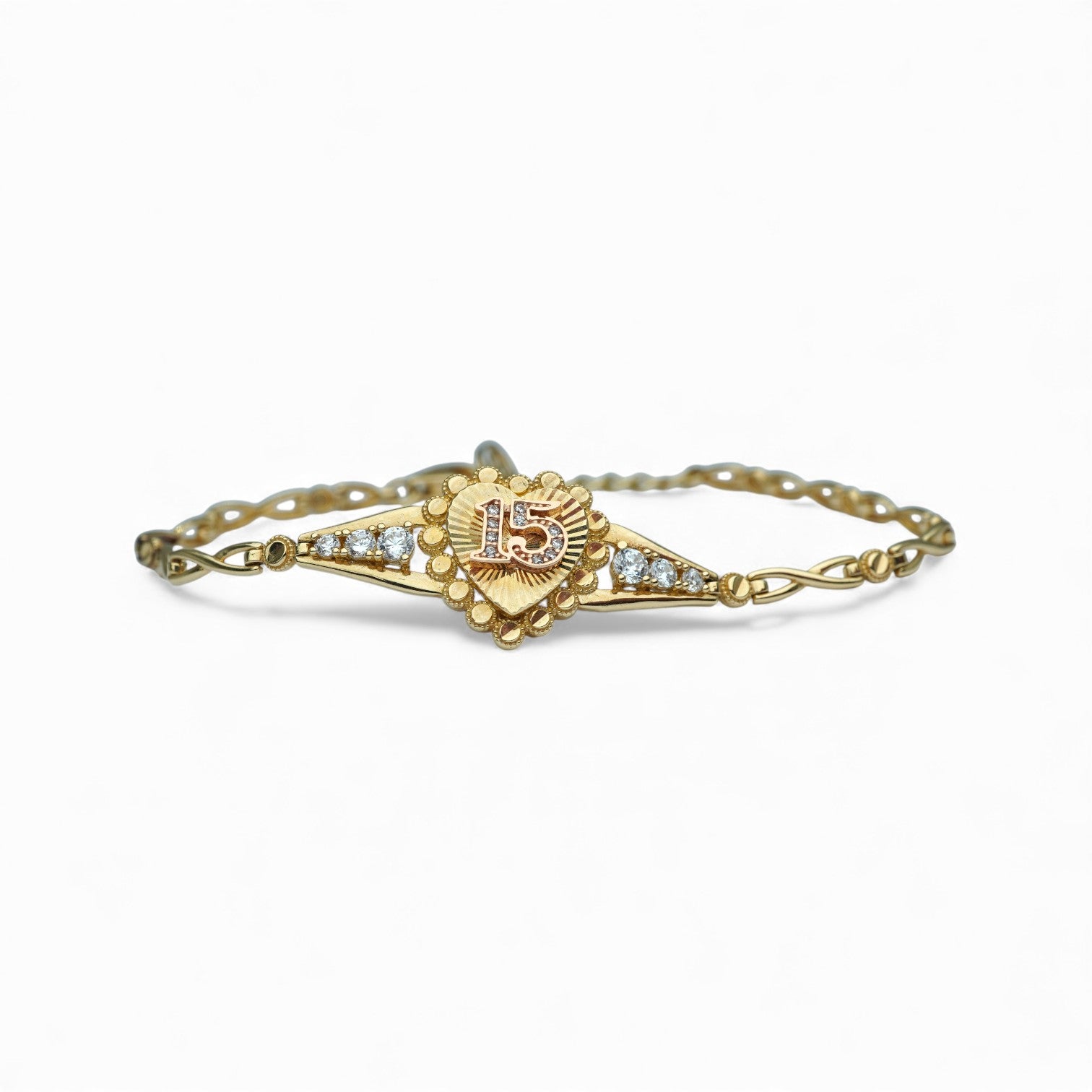 14k 15 Años Heart Rose Bracelet W/CZ