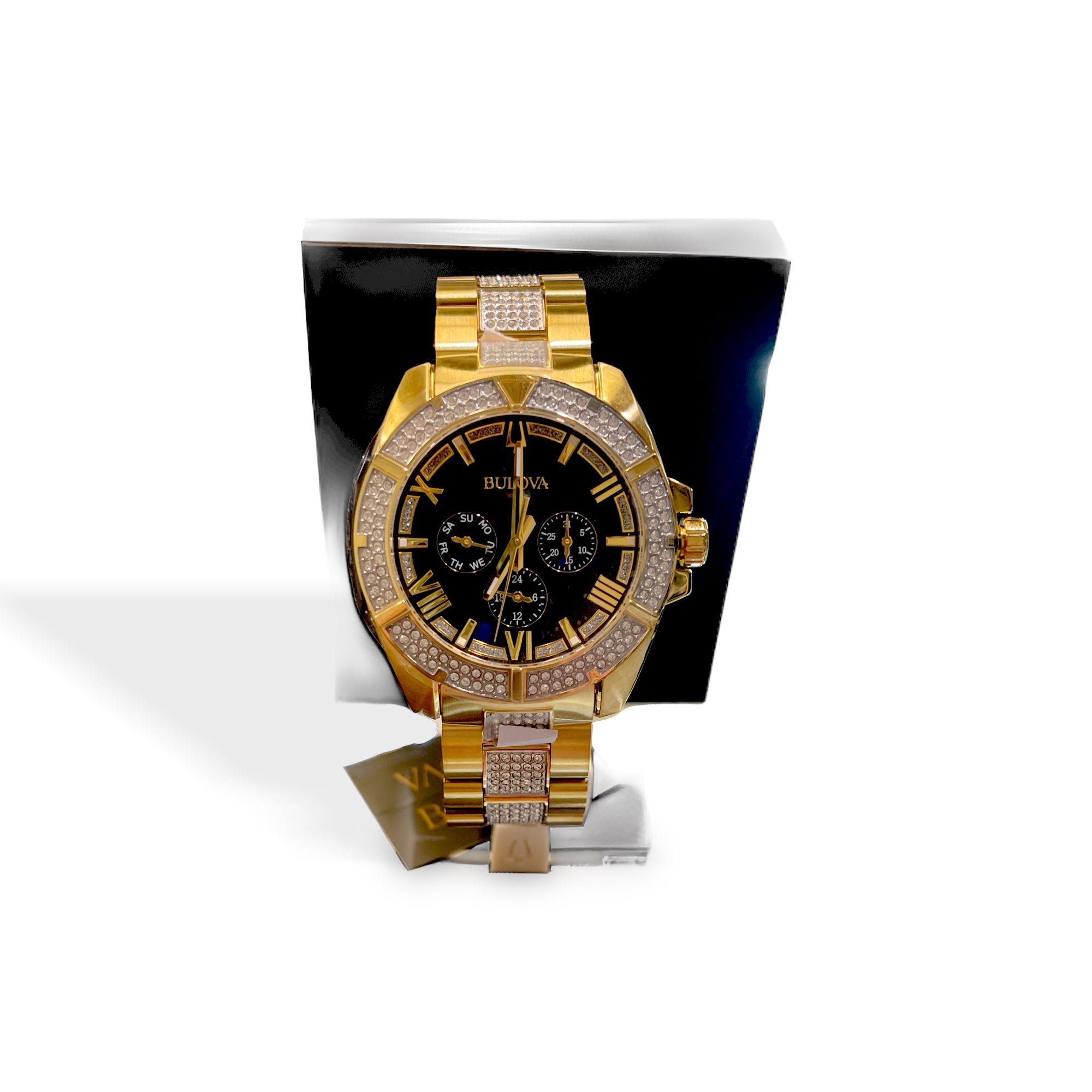 Bulova Men S Goldtone Crystal Watch with Multi-Function Blue Dial 98c128